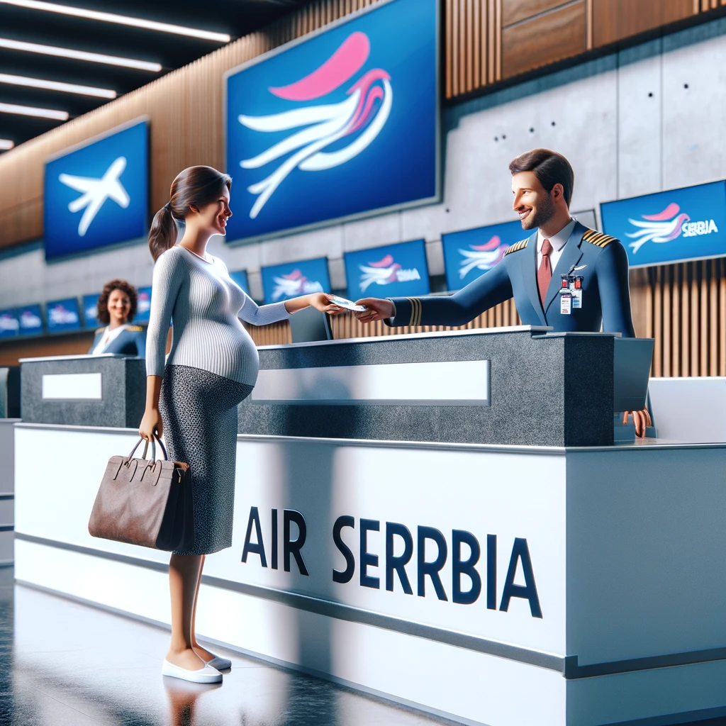 Een zwangere vrouw meldt zich aan bij de incheckbalie van Air Serbia.