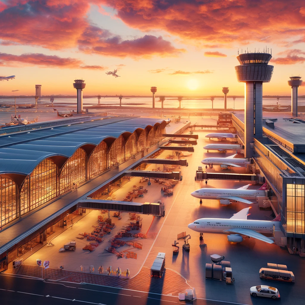 Sfeervolle zonsondergang bij de luchthaven van Ankara met moderne architectuur en actieve reizigers.