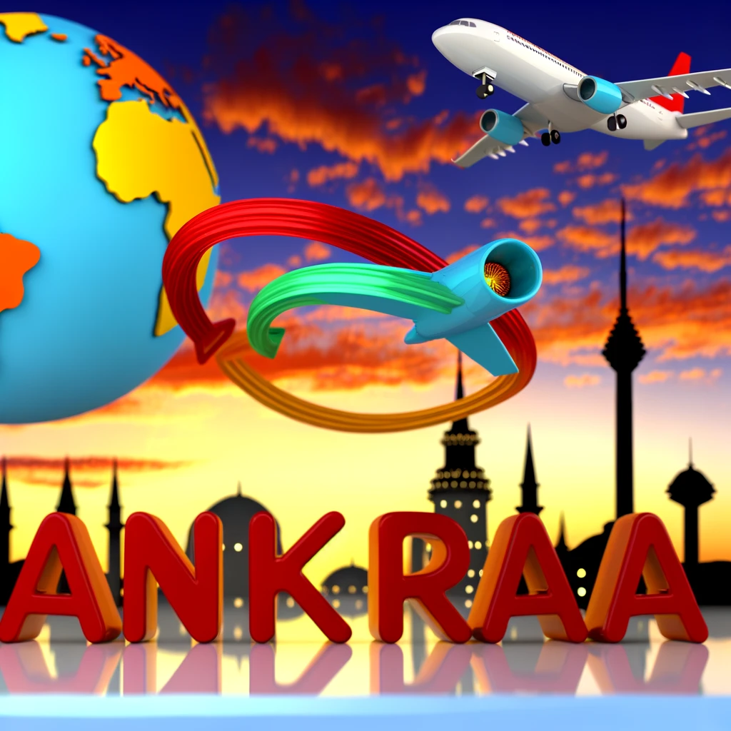 Vliegtuig vliegend naar Ankara met zonsondergang op de achtergrond en het woord "ANKARA" in grote letters.