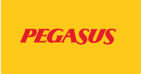 Het rode logo van Pegasus Airlines op een gele achtergrond.