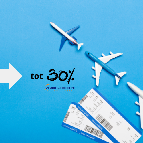 Vergelijk vliegtickets en bespaar tot 30% met Vlucht-Ticket.nl, afgebeeld met speelgoedvliegtuigen en instapkaarten.