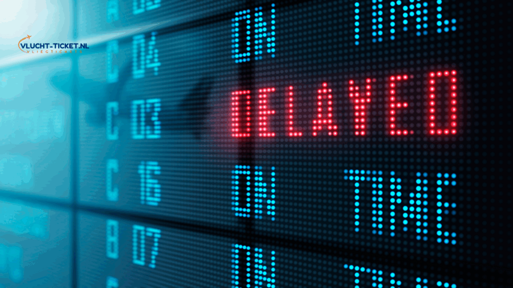 LED-scherm met 'Delayed' melding op luchthaven – Vlucht-Ticket.nl helpt bij vergoeding vluchtvertraging