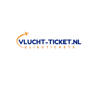 Logo van Vlucht-Ticket.nl met een vliegtuigpictogram en tekst in blauw en oranje, symboliserend een online platform voor goedkope vliegtickets.