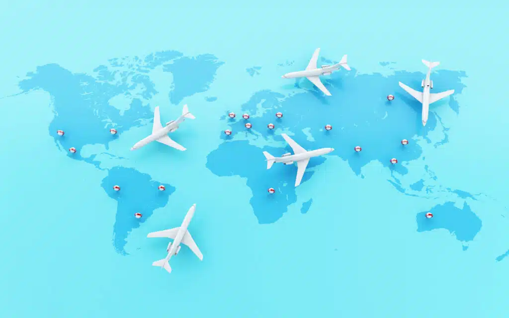 Wereldkaart met vliegtuigen en populaire vliegbestemmingen – Vergelijk vliegtickets naar topbestemmingen wereldwijd op Vlucht-Ticket.nl