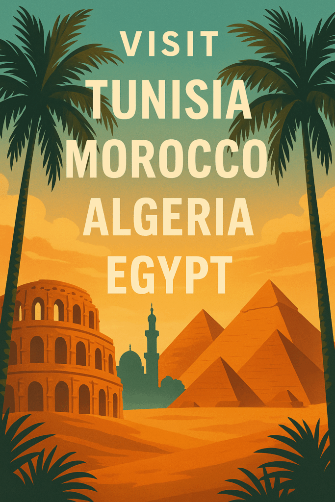 Reisbestemmingen met palmbomen en iconische bezienswaardigheden uit Tunesië, Marokko, Algerije en Egypte op een warme zonsondergang-achtergrond
