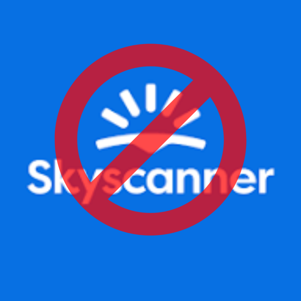 Afbeelding van het Skyscanner-logo met een rood verbodsteken erover en de boodschap “waarom vermijden”.