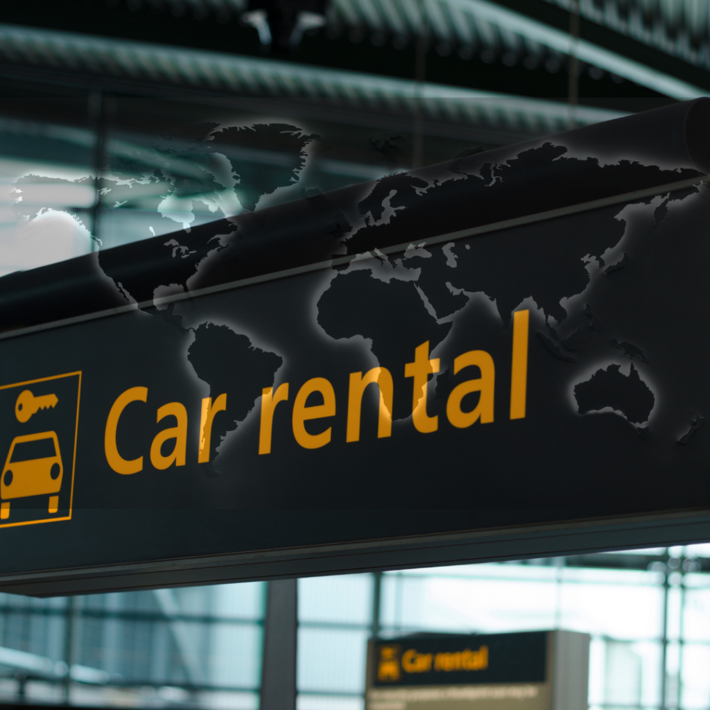 Wegwijzer met de tekst “Car rental” op een luchthaven, symbool voor wereldwijde autoverhuur via vlucht-ticket.nl.