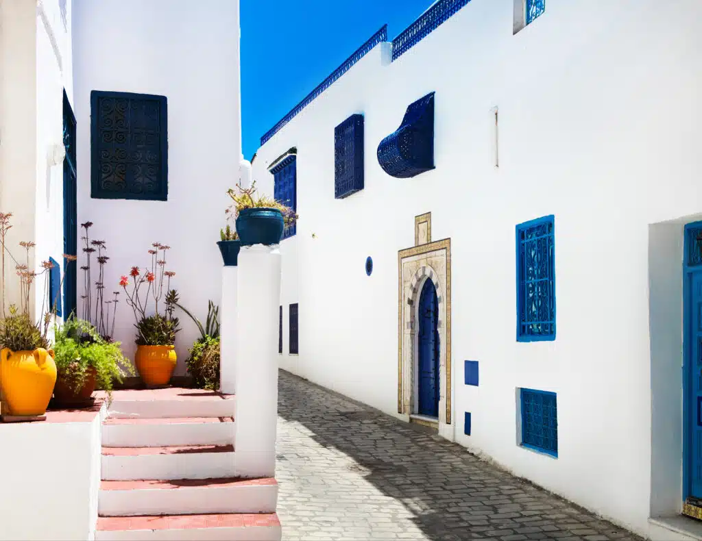 Sfeervolle witte huizen en blauwe deuren in Sidi Bou Said – vliegtickets bestemming Tunesië