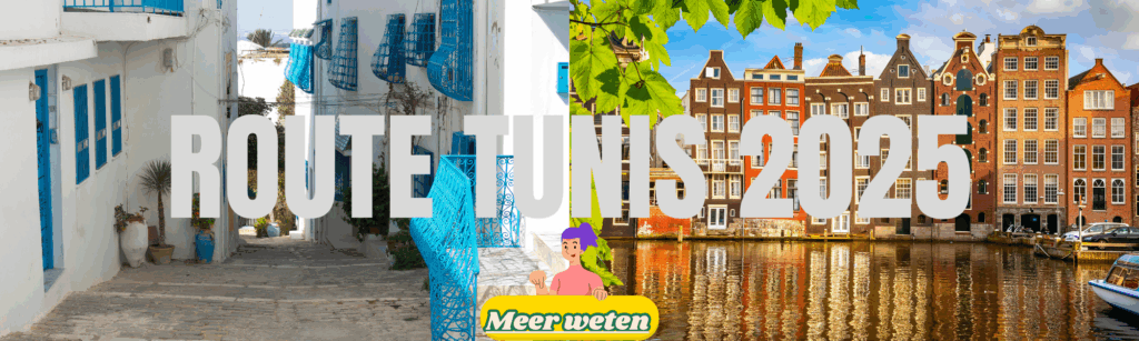 Banner van Route Tunis 2025 met uitzicht op Sidi Bou Said en de Amsterdamse grachten, met tekst ‘Meer weten’