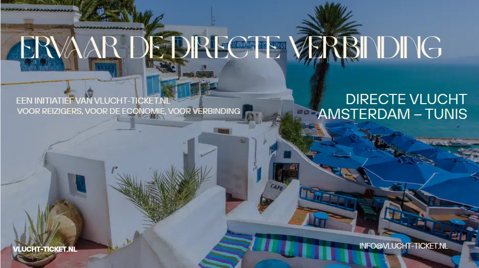 Promotiebeeld Route Tunis 2025 met uitzicht op Sidi Bou Said en tekst ‘Directe vlucht Amsterdam – Tunis’
