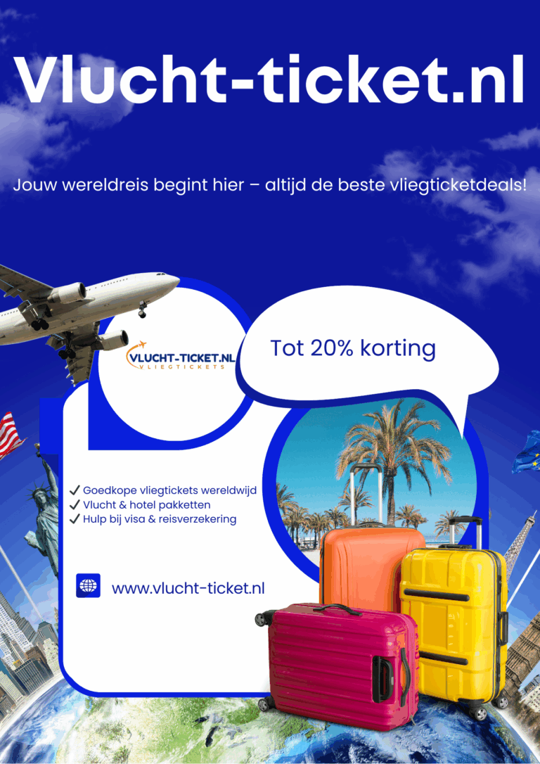 Vlucht-ticket.nl banner met koffers, vliegtuig en wereldwijde reisthema's – tot 20% korting op vliegtickets en pakketten