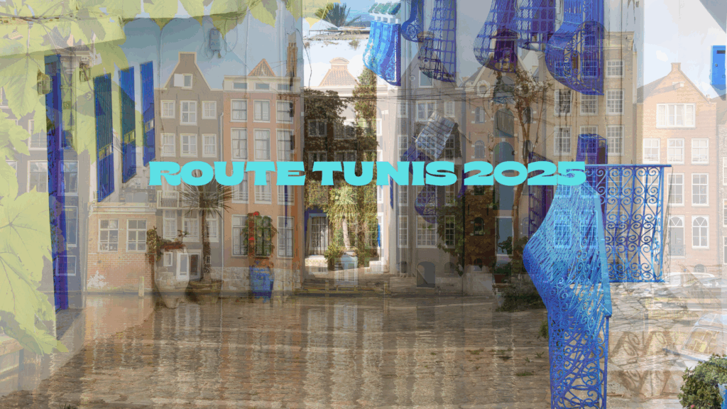 Collage van Amsterdamse grachtenpanden en Tunesische straatdecoratie met de titel Route Tunis 2025 – initiatief voor directe vlucht Amsterdam naar Tunis