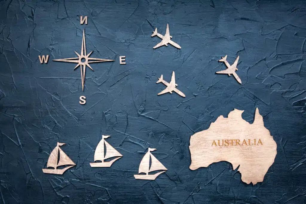 Wereld bestemmingen Australië met vliegtuigen en schepen symbool voor reizen.