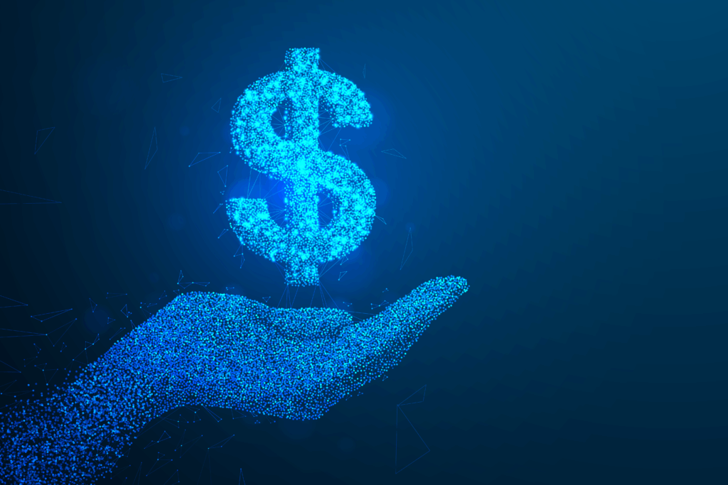 Digitale hand met dollarsymbool – stijgende kosten van vliegtickets door belastingen en haventarieven