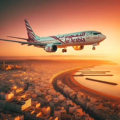 Air Arabia vliegtuig vliegend boven Tanger bij zonsondergang.